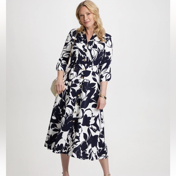 Laura Dresses & Skirts - Laura Floral Print Button Down Midi Dress Blue White